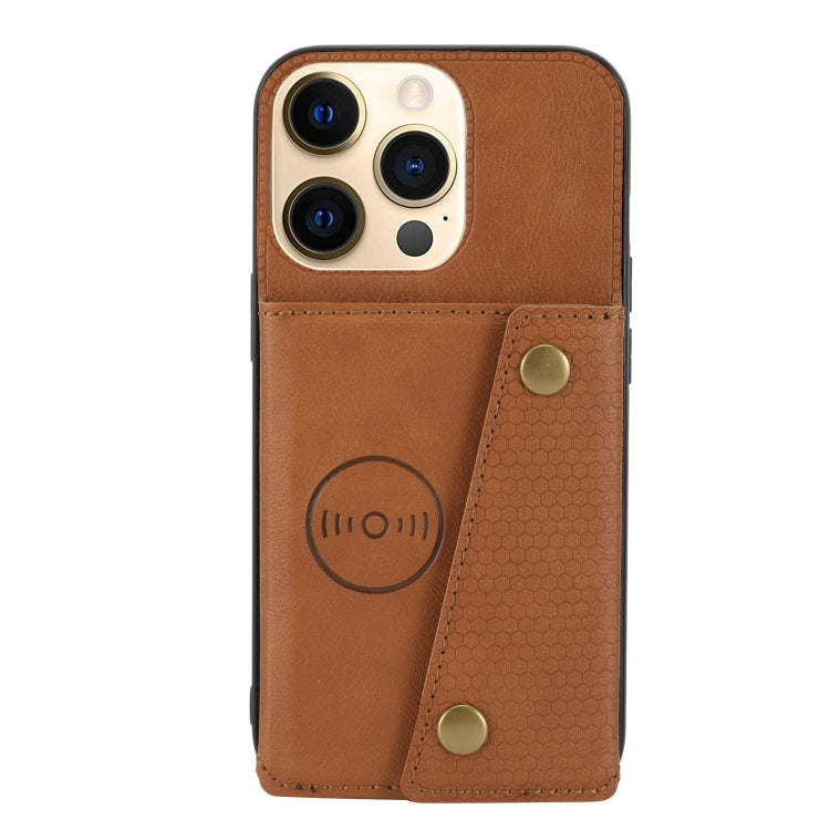 For iPhone 13 Double Buckle PU + TPU Shockproof Magnetic Protective Case with Card Slot & Holder