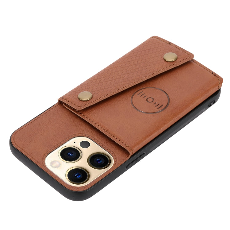 For iPhone 13 Double Buckle PU + TPU Shockproof Magnetic Protective Case with Card Slot & Holder