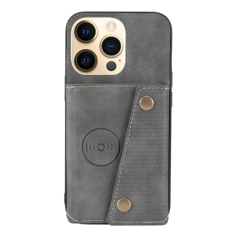 For iPhone 13 Double Buckle PU + TPU Shockproof Magnetic Protective Case with Card Slot & Holder