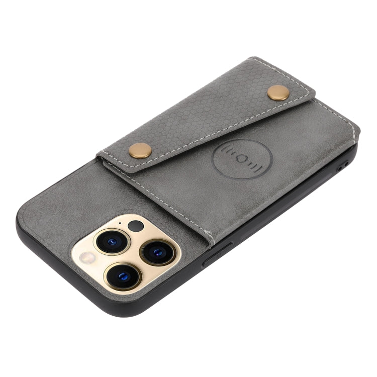 For iPhone 13 Double Buckle PU + TPU Shockproof Magnetic Protective Case with Card Slot & Holder