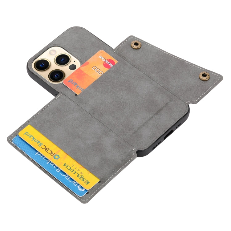 For iPhone 13 Double Buckle PU + TPU Shockproof Magnetic Protective Case with Card Slot & Holder