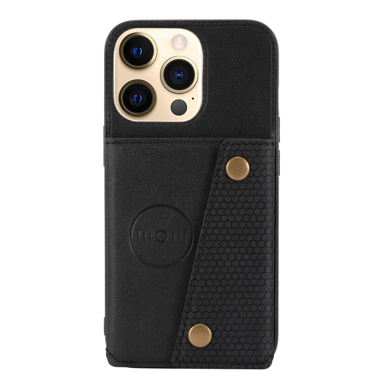 For iPhone 13 Double Buckle PU + TPU Shockproof Magnetic Protective Case with Card Slot & Holder