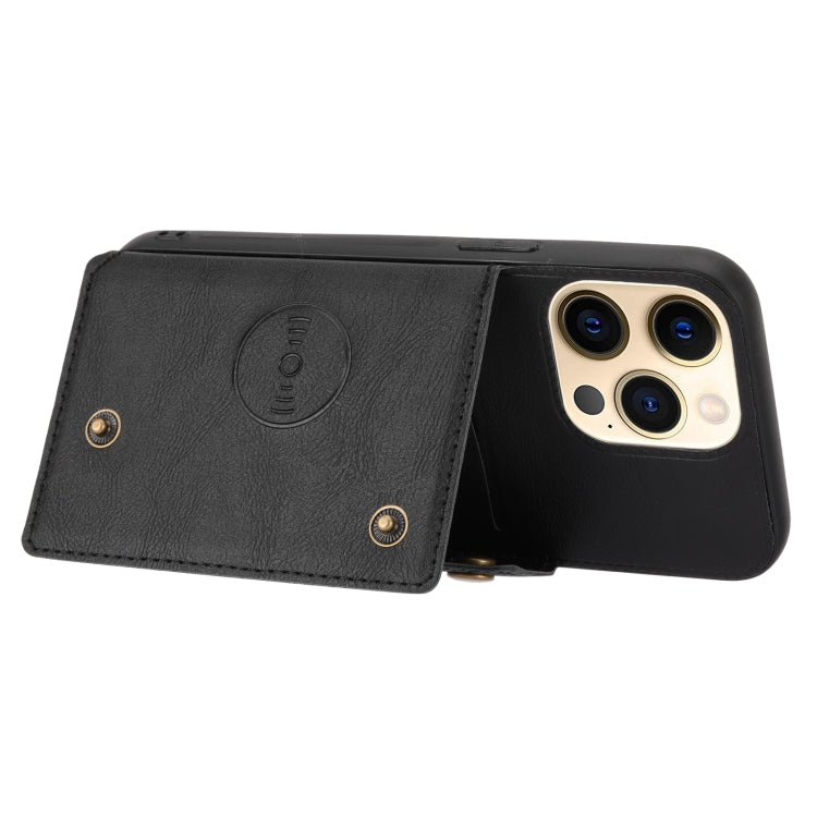 For iPhone 13 Double Buckle PU + TPU Shockproof Magnetic Protective Case with Card Slot & Holder