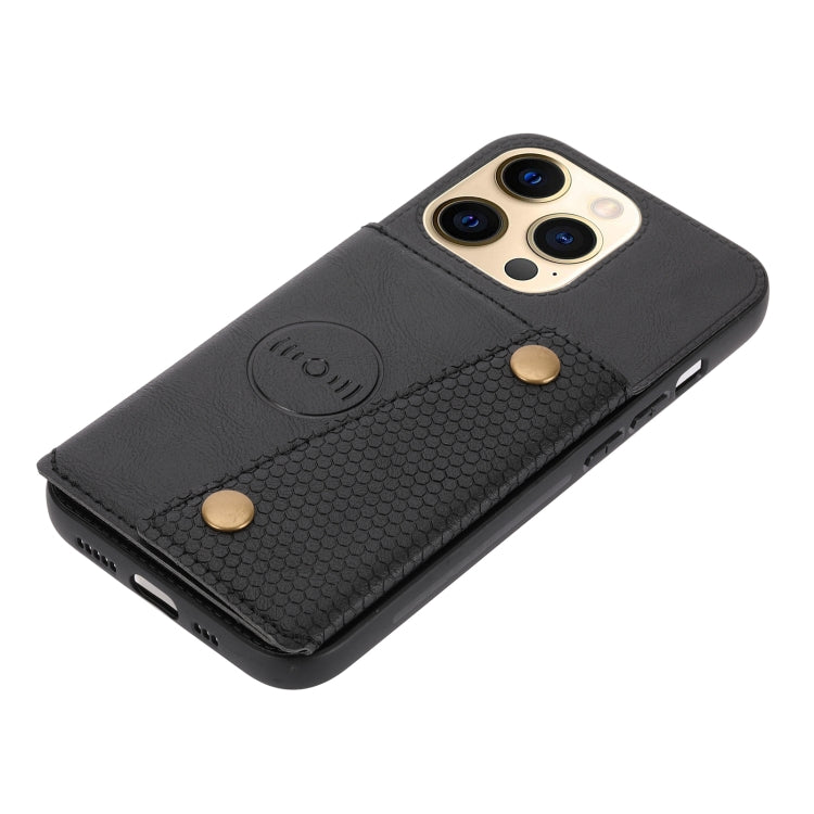 For iPhone 13 Double Buckle PU + TPU Shockproof Magnetic Protective Case with Card Slot & Holder