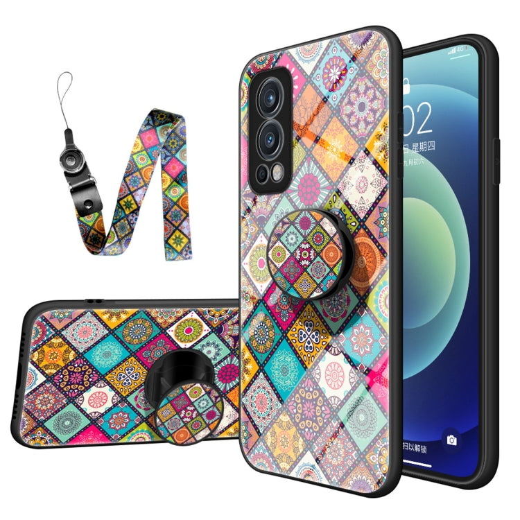 For OnePlus Nord 2 5G Painted Ethnic Pattern Tempered Glass TPU Shockproof Case with Folding Magnetic Holder & Neck Strap