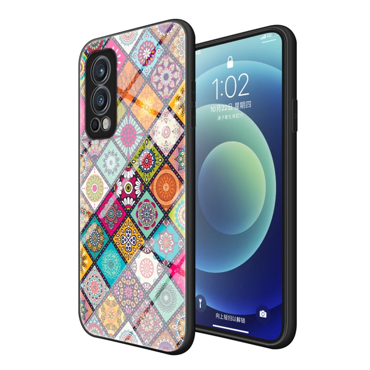 For OnePlus Nord 2 5G Painted Ethnic Pattern Tempered Glass TPU Shockproof Case with Folding Magnetic Holder & Neck Strap