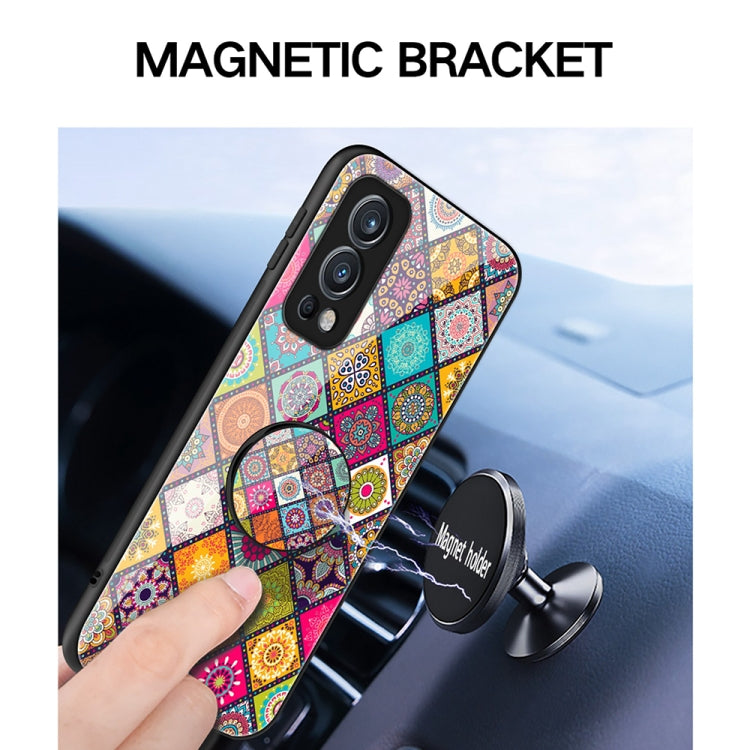 For OnePlus Nord 2 5G Painted Ethnic Pattern Tempered Glass TPU Shockproof Case with Folding Magnetic Holder & Neck Strap