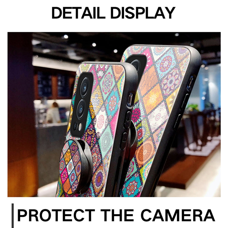 For OnePlus Nord 2 5G Painted Ethnic Pattern Tempered Glass TPU Shockproof Case with Folding Magnetic Holder & Neck Strap