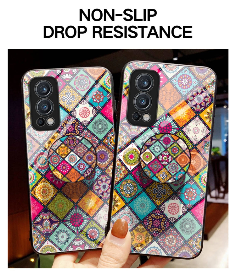 For OnePlus Nord 2 5G Painted Ethnic Pattern Tempered Glass TPU Shockproof Case with Folding Magnetic Holder & Neck Strap