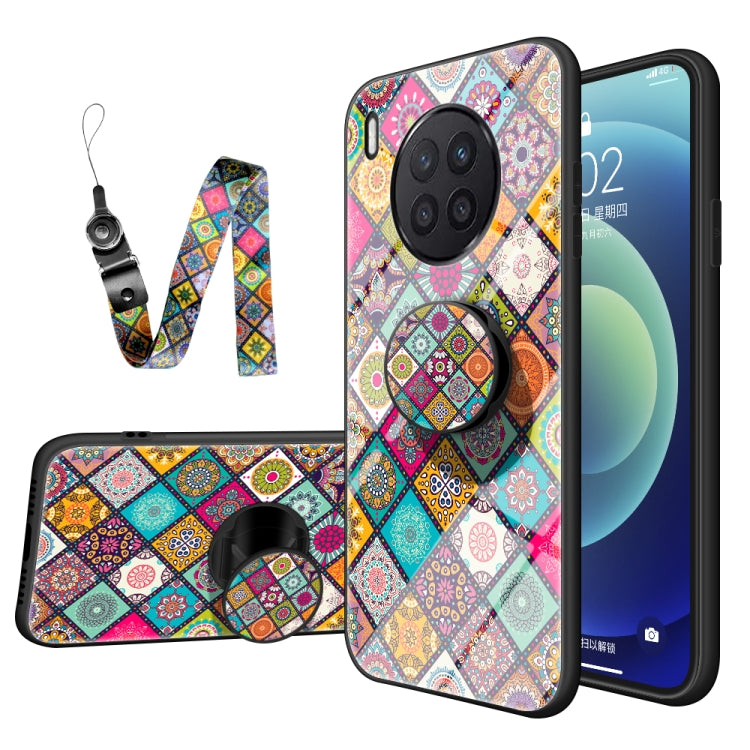 For Huawei Nova 8i Painted Ethnic Pattern Tempered Glass TPU Shockproof Case with Folding Magnetic Holder & Neck Strap