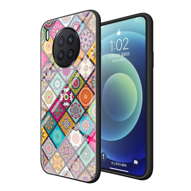 For Huawei Nova 8i Painted Ethnic Pattern Tempered Glass TPU Shockproof Case with Folding Magnetic Holder & Neck Strap