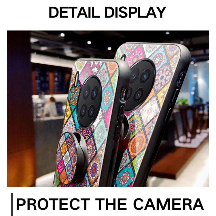 For Huawei Nova 8i Painted Ethnic Pattern Tempered Glass TPU Shockproof Case with Folding Magnetic Holder & Neck Strap