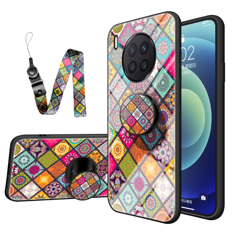 For Huawei Nova 8i Painted Ethnic Pattern Tempered Glass TPU Shockproof Case with Folding Magnetic Holder & Neck Strap