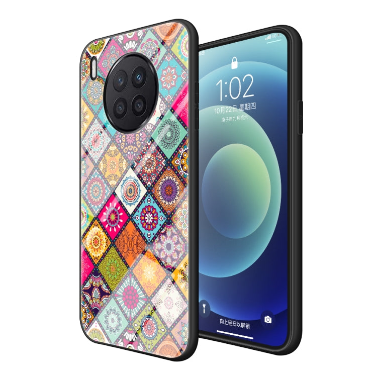 For Huawei Nova 8i Painted Ethnic Pattern Tempered Glass TPU Shockproof Case with Folding Magnetic Holder & Neck Strap