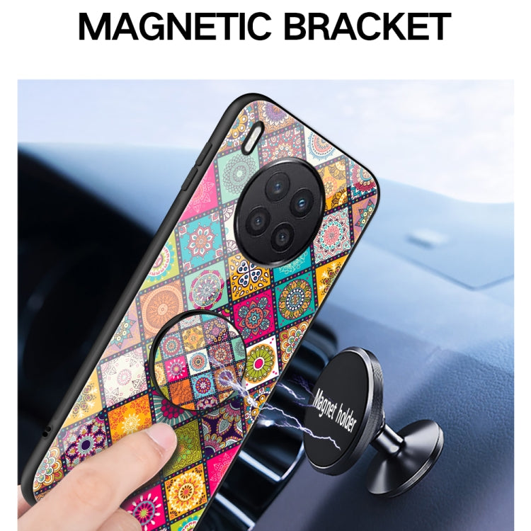 For Huawei Nova 8i Painted Ethnic Pattern Tempered Glass TPU Shockproof Case with Folding Magnetic Holder & Neck Strap