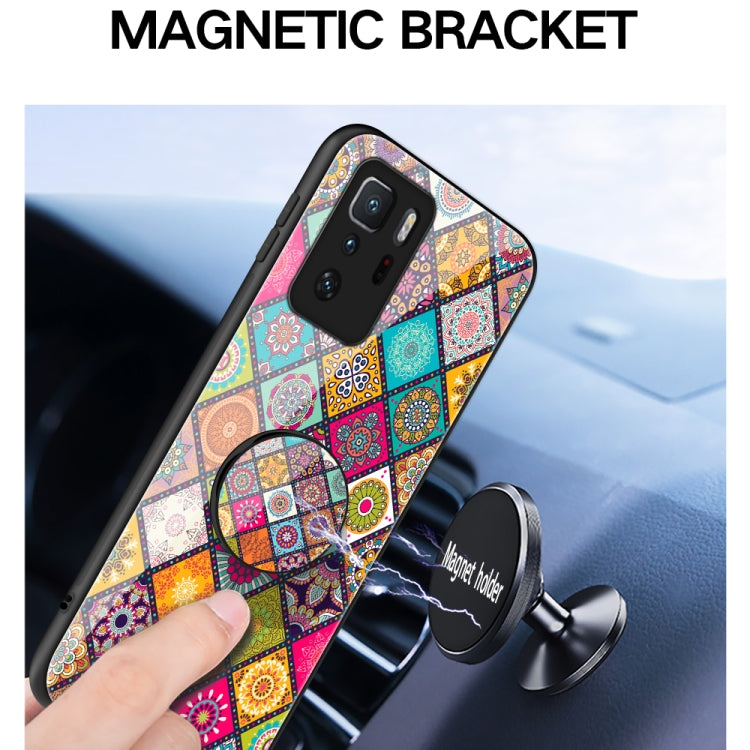 For Xiaomi Redmi Note 10 Pro 5G Painted Ethnic Pattern Tempered Glass TPU Shockproof Case with Folding Magnetic Holder & Neck Strap
