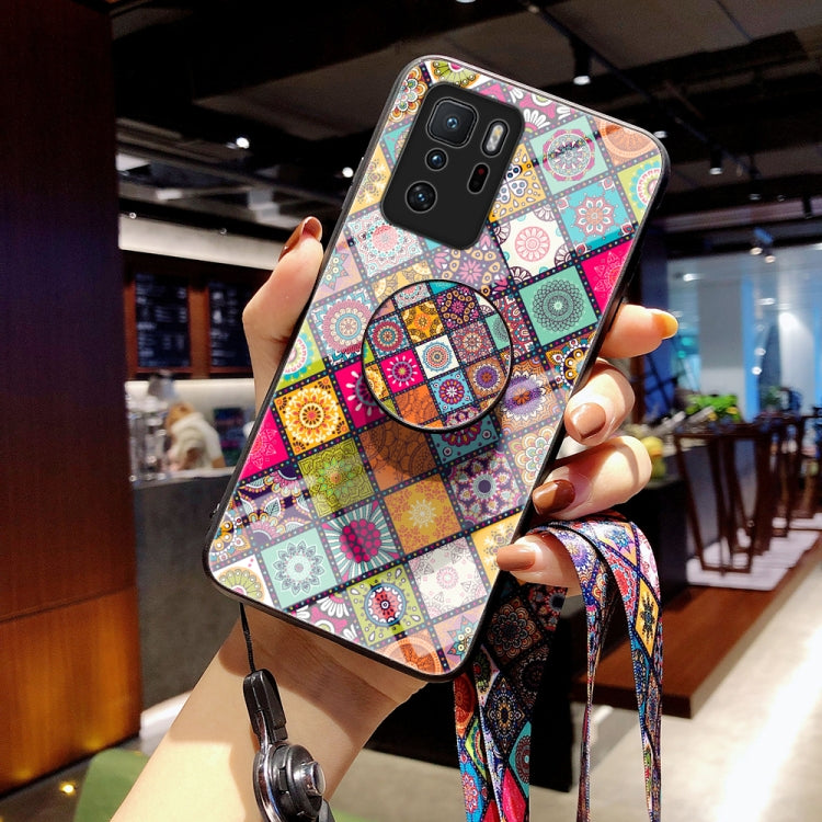 For Xiaomi Poco X3 GT Painted Ethnic Pattern Tempered Glass TPU Shockproof Case with Folding Magnetic Holder & Neck Strap
