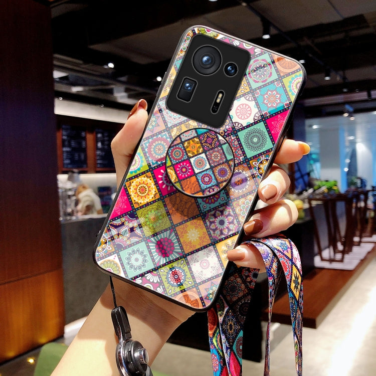 For Xiaomi Mi Mix 4 Painted Ethnic Pattern Tempered Glass TPU Shockproof Case with Folding Magnetic Holder & Neck Strap