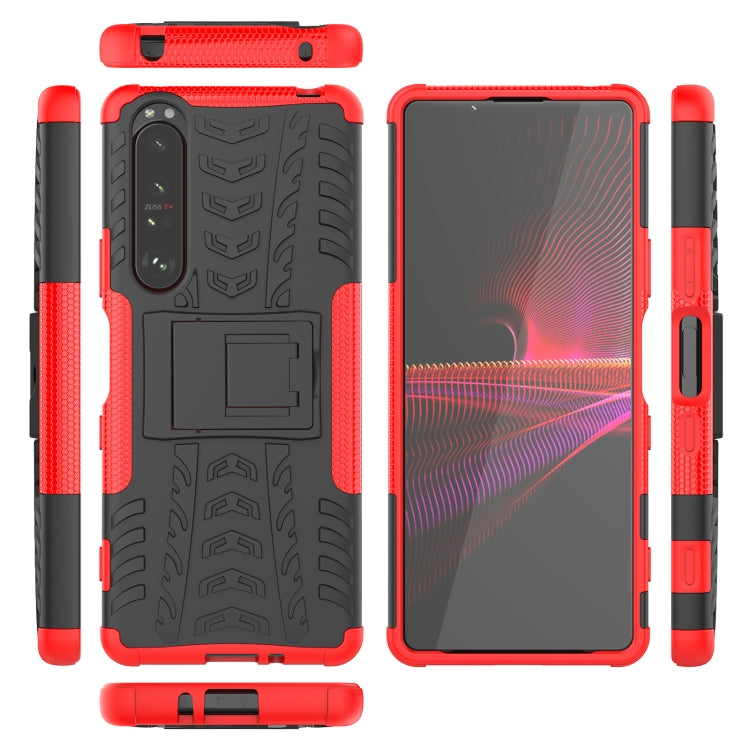 For Sony Xperia 1 III Tire Texture Shockproof TPU+PC Protective Case with Holder