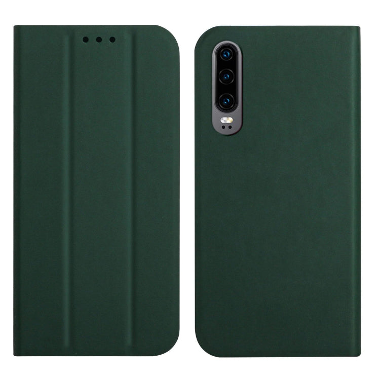 For Huawei P30 3-Folding Ultrathin Skin Feel Magnetic Solid Color Horizontal Flip Leather Case with Holder