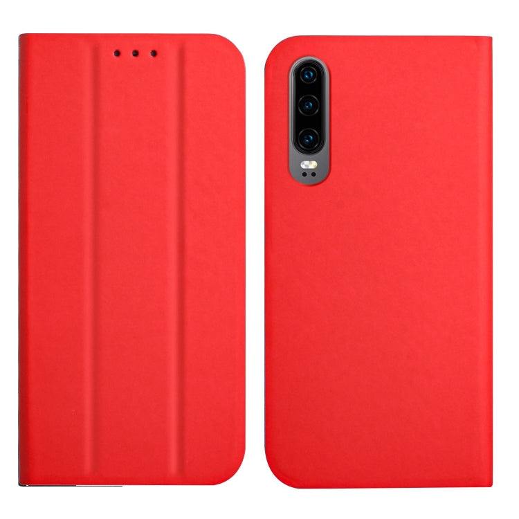 For Huawei P30 3-Folding Ultrathin Skin Feel Magnetic Solid Color Horizontal Flip Leather Case with Holder