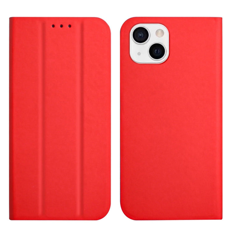 For iPhone 13 3-Folding Ultrathin Skin Feel Magnetic Solid Color Horizontal Flip Leather Case with Holder