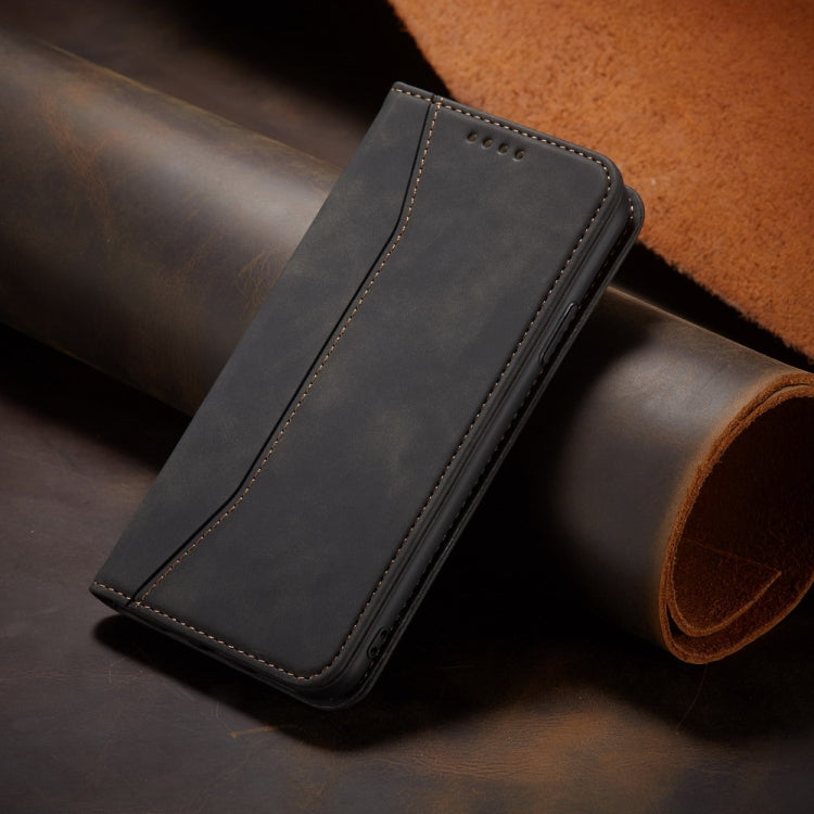 For iPhone 13 Skin-feel Calfskin Texture Magnetic Dual-Fold Horizontal Flip Leather Case with Holder & Card Slots & Wallet