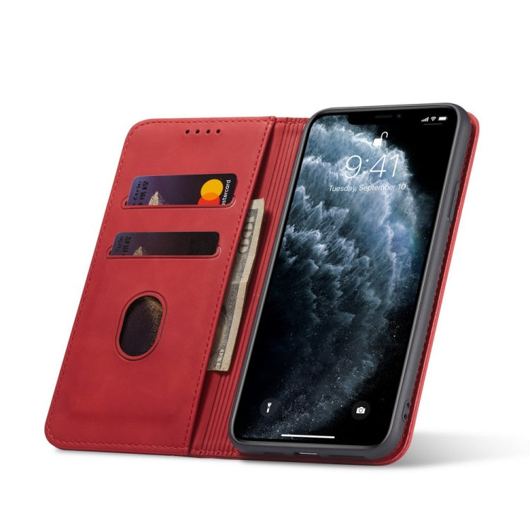 For iPhone 13 Skin-feel Calfskin Texture Magnetic Dual-Fold Horizontal Flip Leather Case with Holder & Card Slots & Wallet