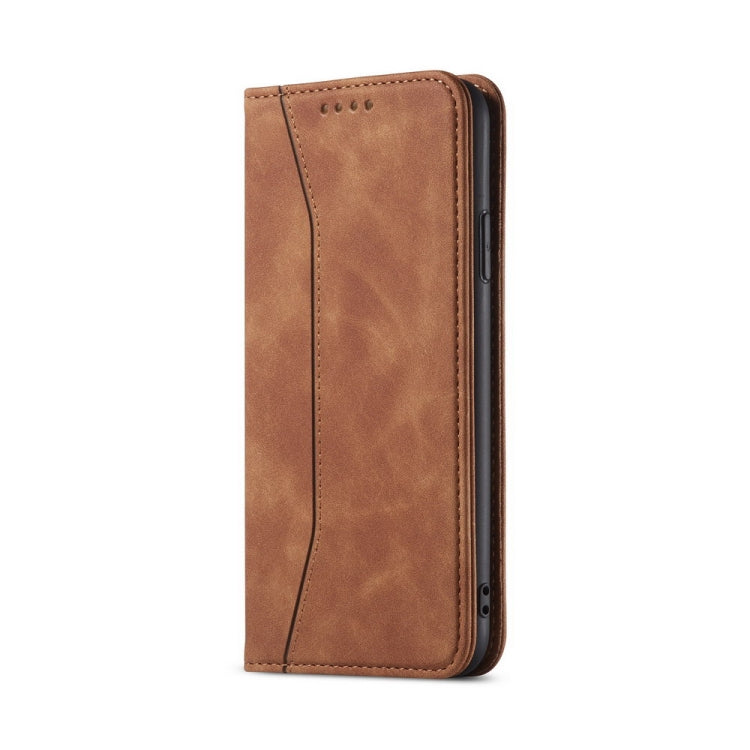For iPhone 13 Skin-feel Calfskin Texture Magnetic Dual-Fold Horizontal Flip Leather Case with Holder & Card Slots & Wallet