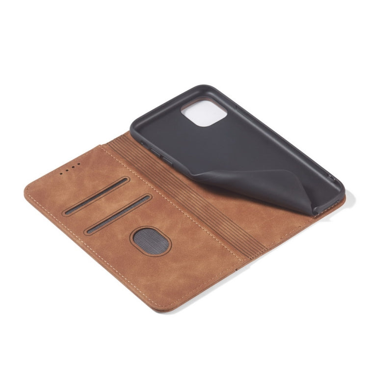 For iPhone 13 Skin-feel Calfskin Texture Magnetic Dual-Fold Horizontal Flip Leather Case with Holder & Card Slots & Wallet