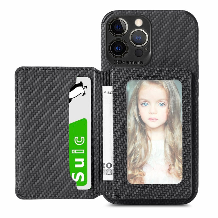 For iPhone 13 Pro Max Carbon Fiber Magnetic Card Bag TPU+PU Shockproof Back Cover Case with Holder & Card Slot & Photo Frame