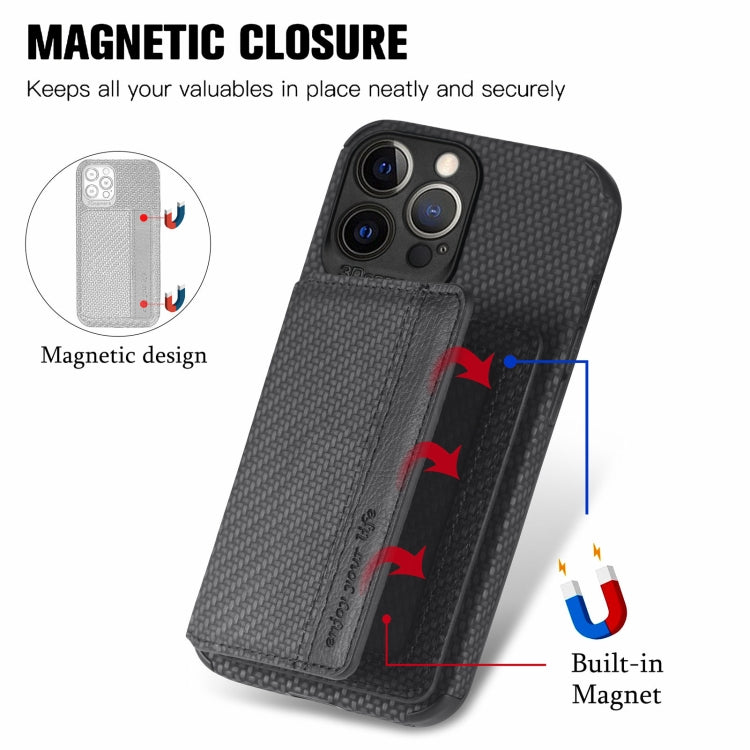 For iPhone 13 Pro Max Carbon Fiber Magnetic Card Bag TPU+PU Shockproof Back Cover Case with Holder & Card Slot & Photo Frame