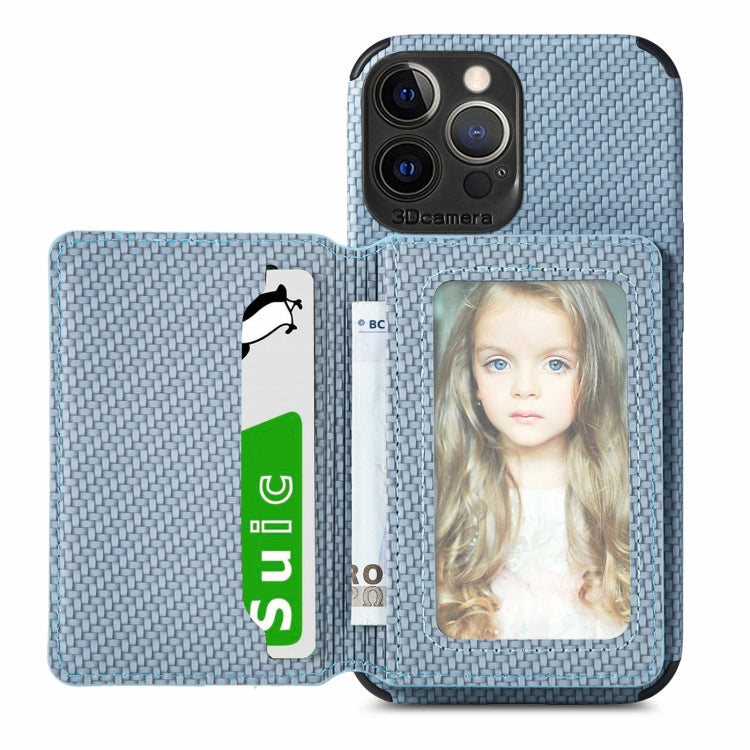 For iPhone 13 Pro Max Carbon Fiber Magnetic Card Bag TPU+PU Shockproof Back Cover Case with Holder & Card Slot & Photo Frame