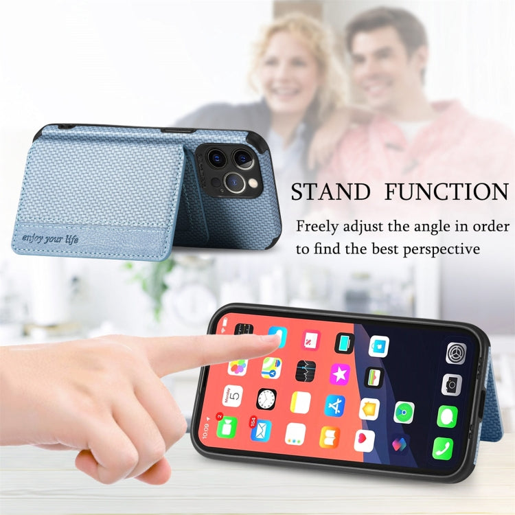 For iPhone 13 Pro Max Carbon Fiber Magnetic Card Bag TPU+PU Shockproof Back Cover Case with Holder & Card Slot & Photo Frame