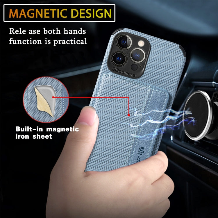 For iPhone 13 Pro Max Carbon Fiber Magnetic Card Bag TPU+PU Shockproof Back Cover Case with Holder & Card Slot & Photo Frame