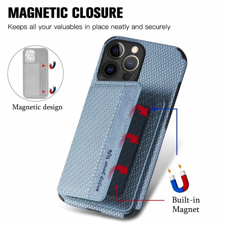 For iPhone 13 Pro Max Carbon Fiber Magnetic Card Bag TPU+PU Shockproof Back Cover Case with Holder & Card Slot & Photo Frame