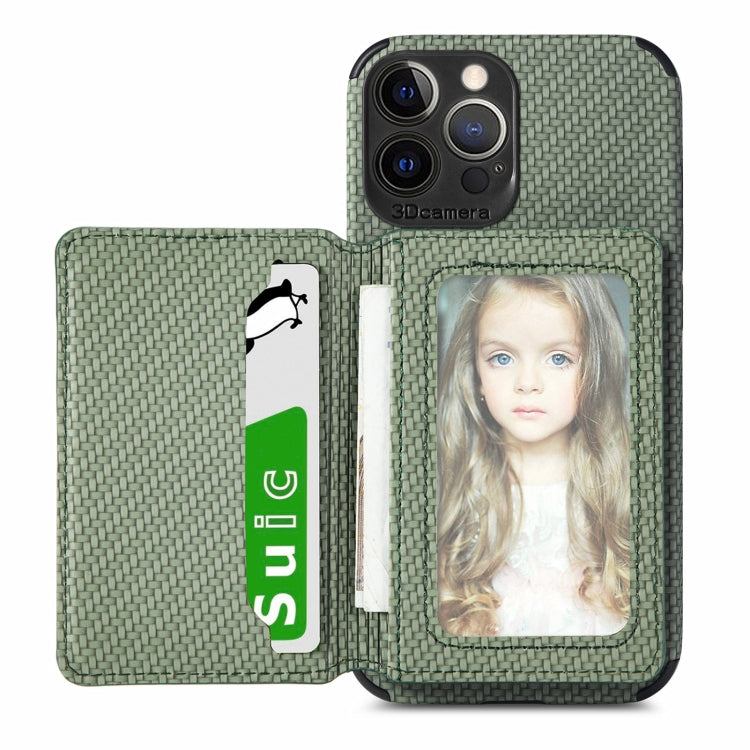 For iPhone 13 Pro Max Carbon Fiber Magnetic Card Bag TPU+PU Shockproof Back Cover Case with Holder & Card Slot & Photo Frame