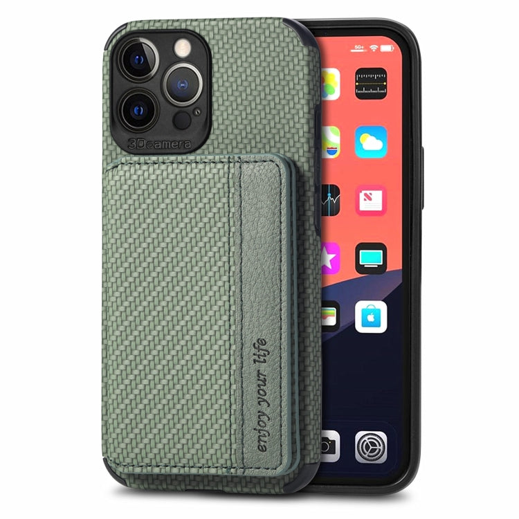 For iPhone 13 Pro Max Carbon Fiber Magnetic Card Bag TPU+PU Shockproof Back Cover Case with Holder & Card Slot & Photo Frame