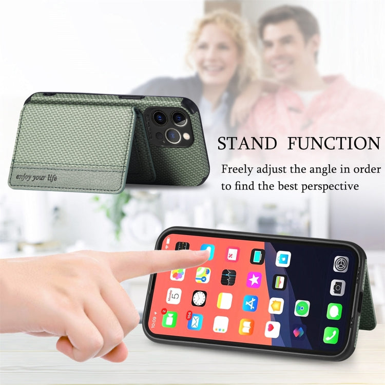 For iPhone 13 Pro Max Carbon Fiber Magnetic Card Bag TPU+PU Shockproof Back Cover Case with Holder & Card Slot & Photo Frame