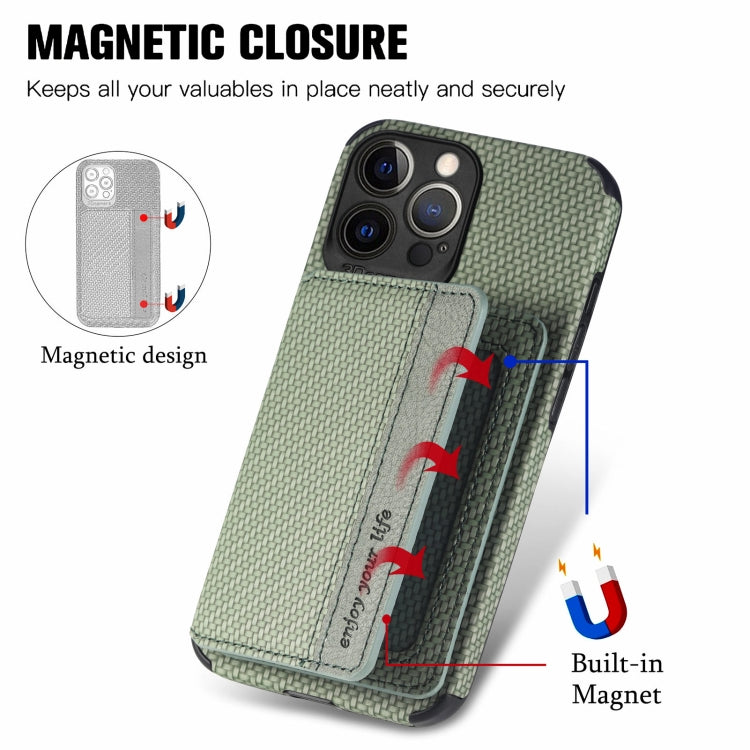 For iPhone 13 Pro Max Carbon Fiber Magnetic Card Bag TPU+PU Shockproof Back Cover Case with Holder & Card Slot & Photo Frame