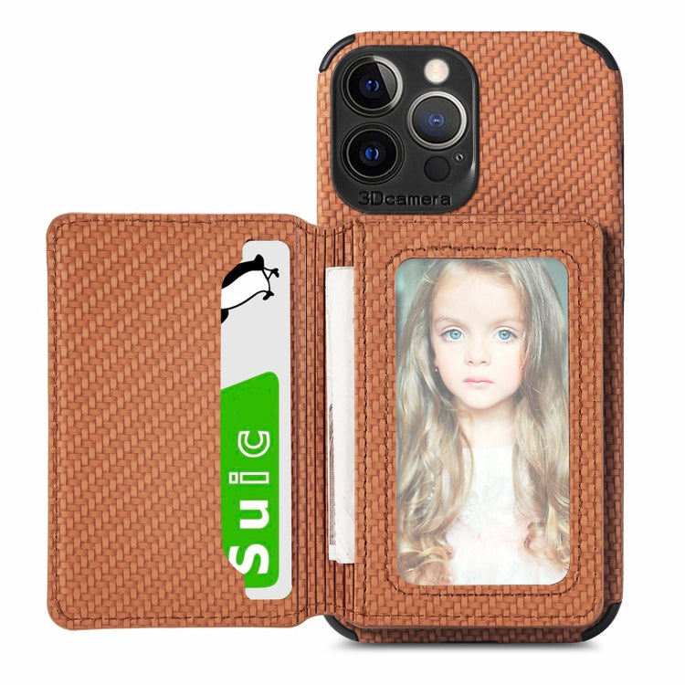 For iPhone 13 Pro Max Carbon Fiber Magnetic Card Bag TPU+PU Shockproof Back Cover Case with Holder & Card Slot & Photo Frame