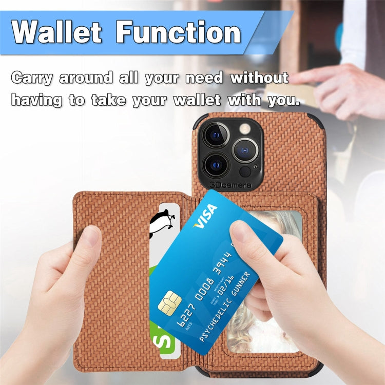 For iPhone 13 Pro Max Carbon Fiber Magnetic Card Bag TPU+PU Shockproof Back Cover Case with Holder & Card Slot & Photo Frame