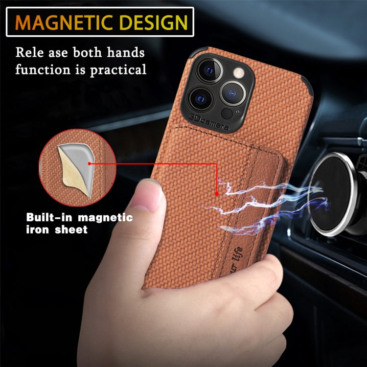For iPhone 13 Pro Max Carbon Fiber Magnetic Card Bag TPU+PU Shockproof Back Cover Case with Holder & Card Slot & Photo Frame