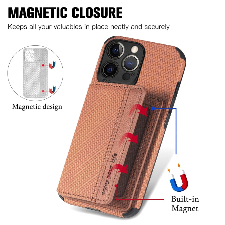 For iPhone 13 Pro Max Carbon Fiber Magnetic Card Bag TPU+PU Shockproof Back Cover Case with Holder & Card Slot & Photo Frame