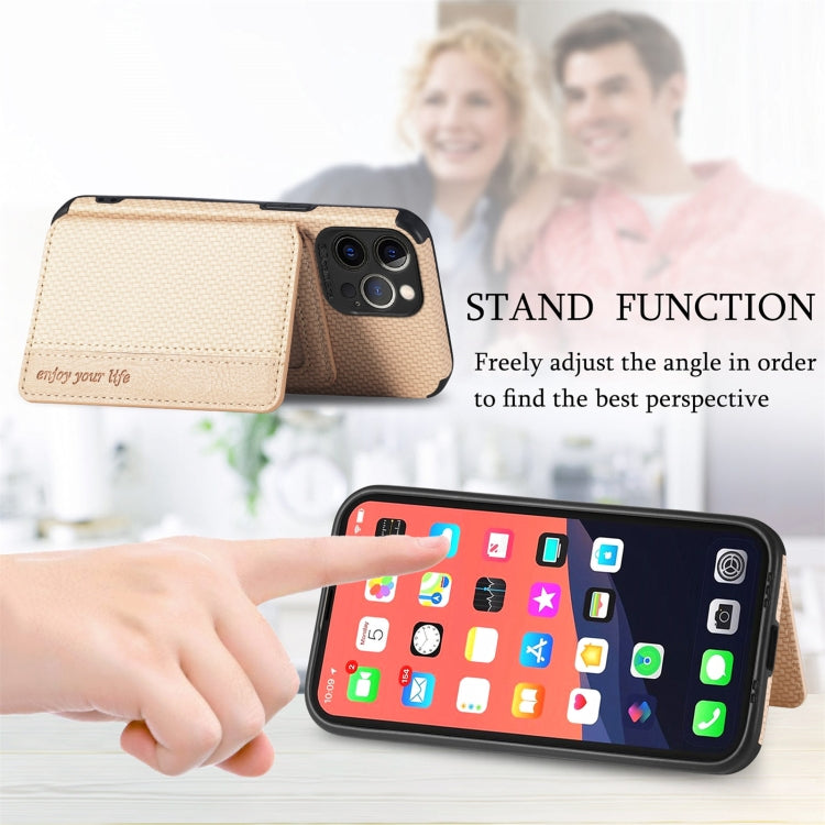 For iPhone 13 Pro Max Carbon Fiber Magnetic Card Bag TPU+PU Shockproof Back Cover Case with Holder & Card Slot & Photo Frame
