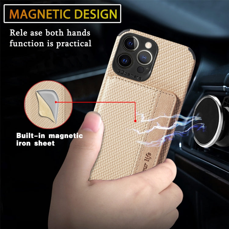 For iPhone 13 Pro Max Carbon Fiber Magnetic Card Bag TPU+PU Shockproof Back Cover Case with Holder & Card Slot & Photo Frame