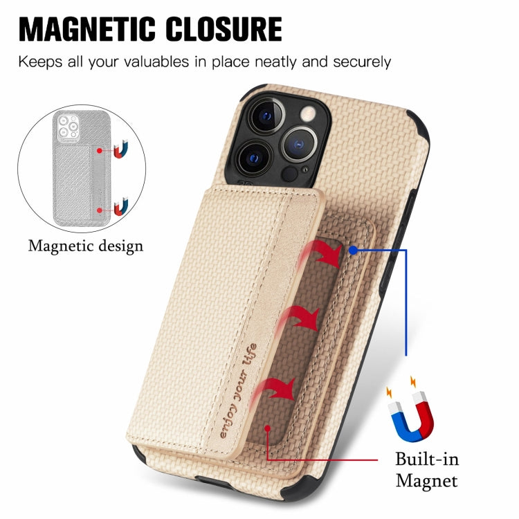 For iPhone 13 Pro Max Carbon Fiber Magnetic Card Bag TPU+PU Shockproof Back Cover Case with Holder & Card Slot & Photo Frame