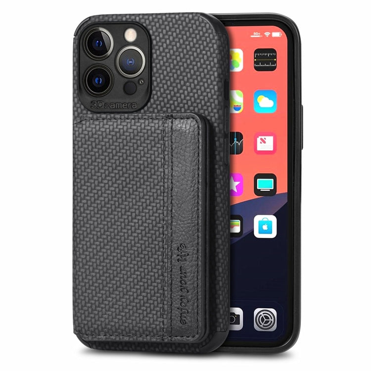 For iPhone 13 Pro Carbon Fiber Magnetic Card Bag TPU+PU Shockproof Back Cover Case with Holder & Card Slot & Photo Frame