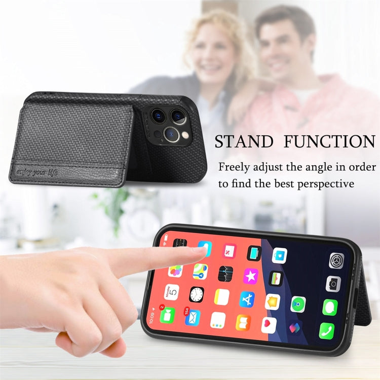 For iPhone 13 Pro Carbon Fiber Magnetic Card Bag TPU+PU Shockproof Back Cover Case with Holder & Card Slot & Photo Frame