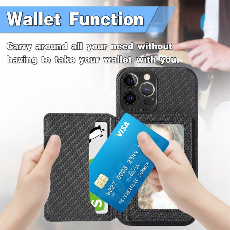 For iPhone 13 Pro Carbon Fiber Magnetic Card Bag TPU+PU Shockproof Back Cover Case with Holder & Card Slot & Photo Frame